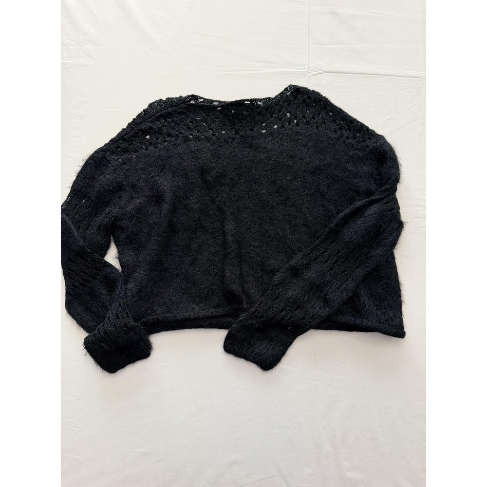 Social Collision Sweater Juniors Medium Black Open Knit Boat Neck Fuzzy Sheer